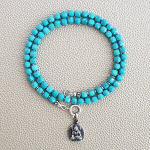 MINI TURQUOISE CUBE NECKLACE W/ MINI BUDDHA--16"